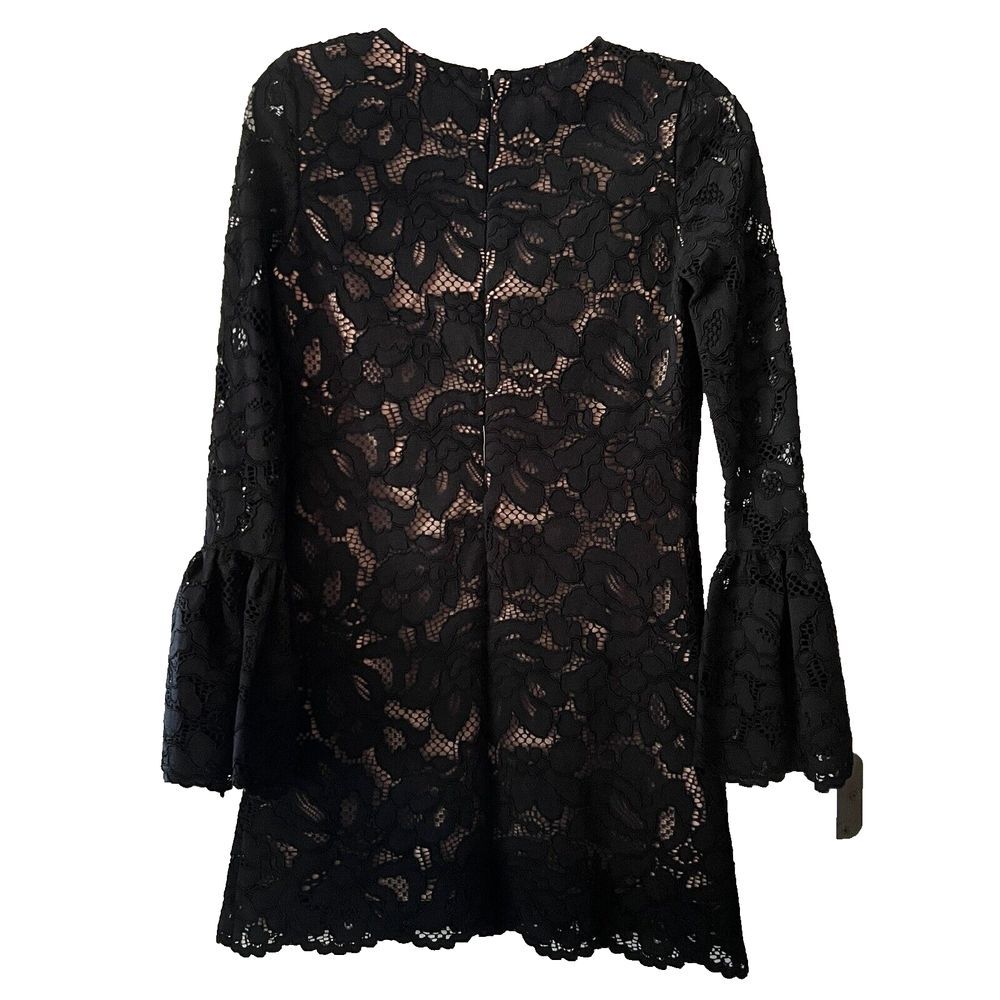 Alexis Sz XS Black Nude Lace‎ Mini Dress Bell Sleeve Floral Sheer Overlay Party - Picture 2 of 10